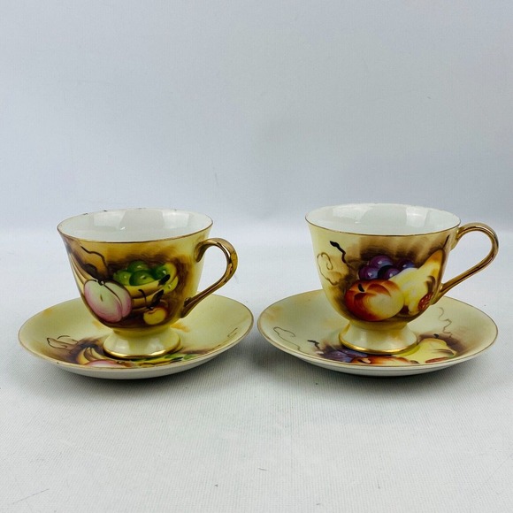 Vtg Enesco‎ Fruit Pattern Cup & Saucer Lot of 2 Gold Trim Smooth Edge E1432 - Picture 1 of 10